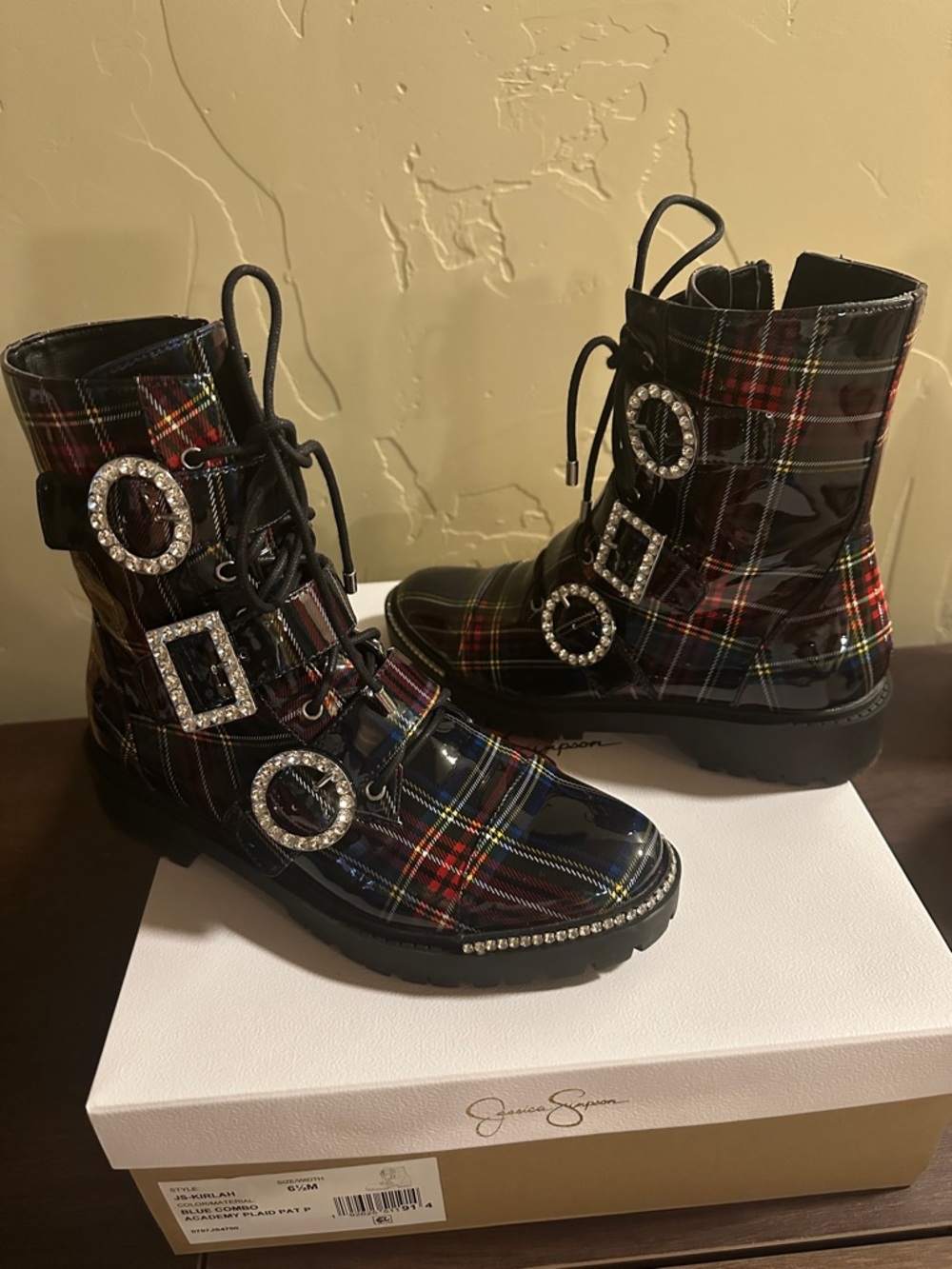Jessica Simpson Black Red Plaid Patent Combat Boots with Crystal Trim - Picture 2 of 3